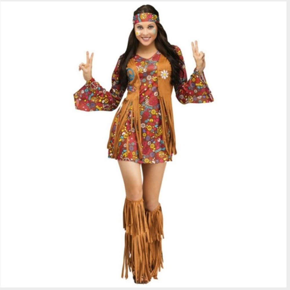 FUN WORLD 60’s Hippie Costume Fringed Vest/Dress Headband Boot Covers Medium